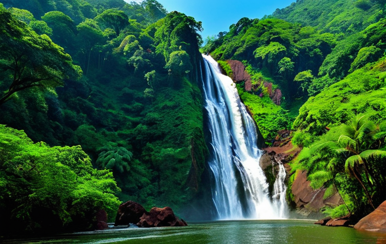 Dudhsagar Falls**

"A majestic view of Dudhsagar Falls in Goa, India, cascading down lush green mountains, fully clothed tourists admiring the view from a safe distance, appropriate content, safe for work, perfect anatomy of the landscape, natural proportions, professional photography, high quality, family-friendly."

**