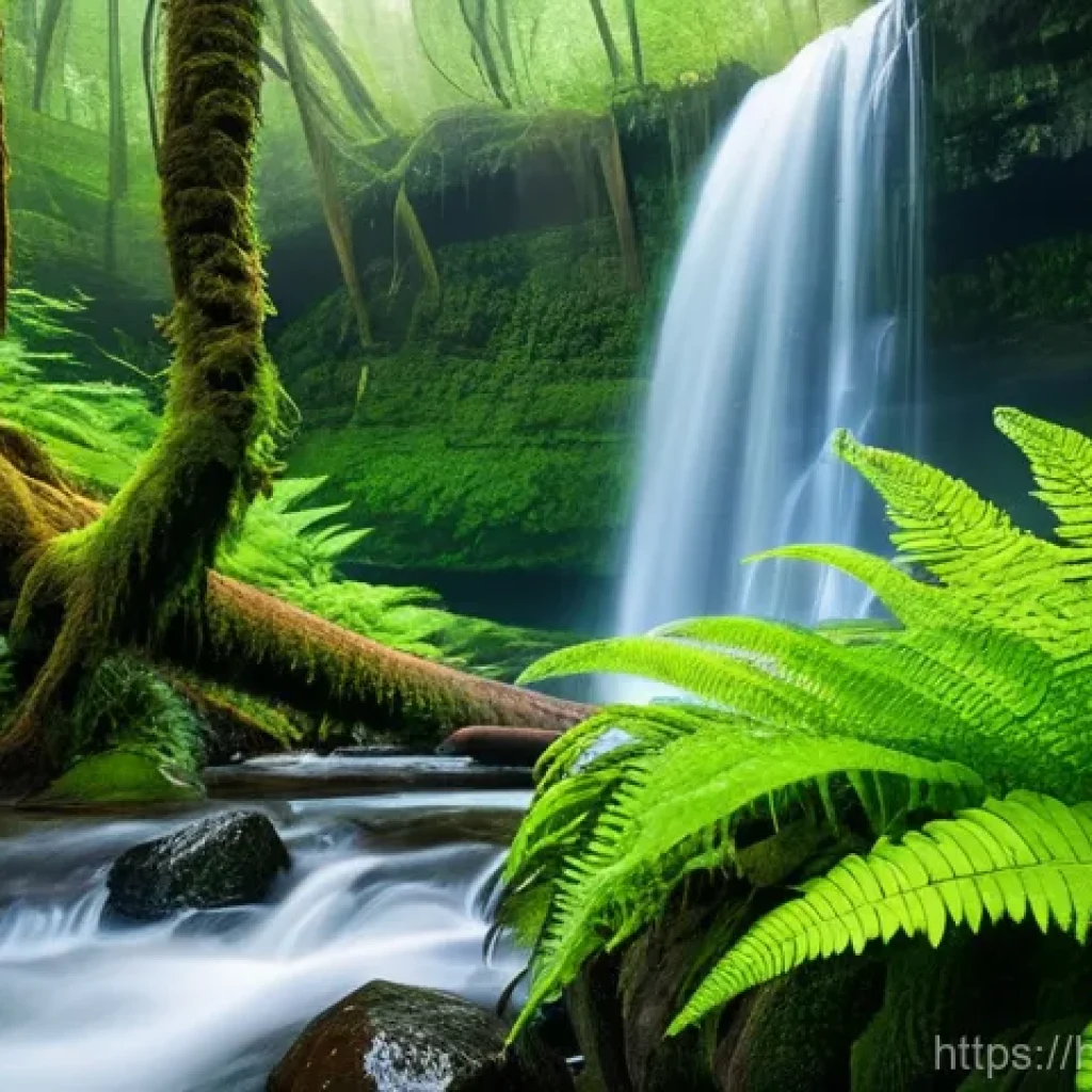 폭포 주변 수생식물 탐방 - **Prompt:** A close-up shot of vibrant green moss and delicate ferns clinging to wet, smooth rocks d...