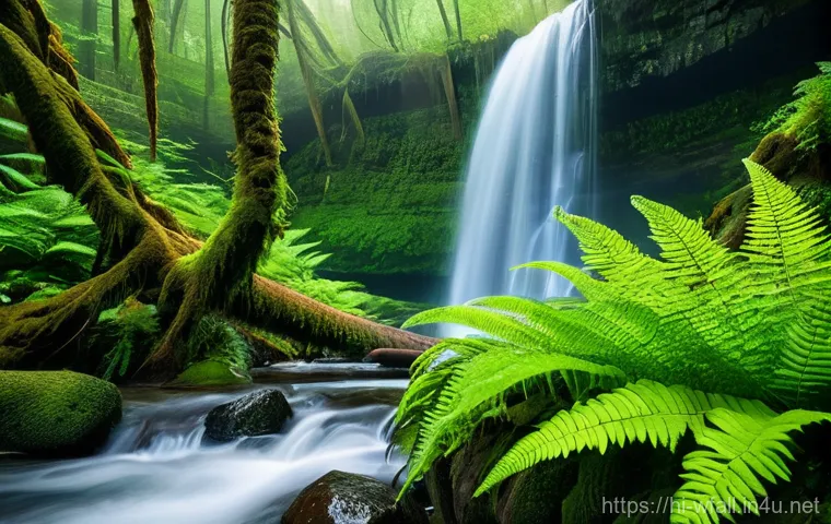 폭포 주변 수생식물 탐방 - **Prompt:** A close-up shot of vibrant green moss and delicate ferns clinging to wet, smooth rocks d...