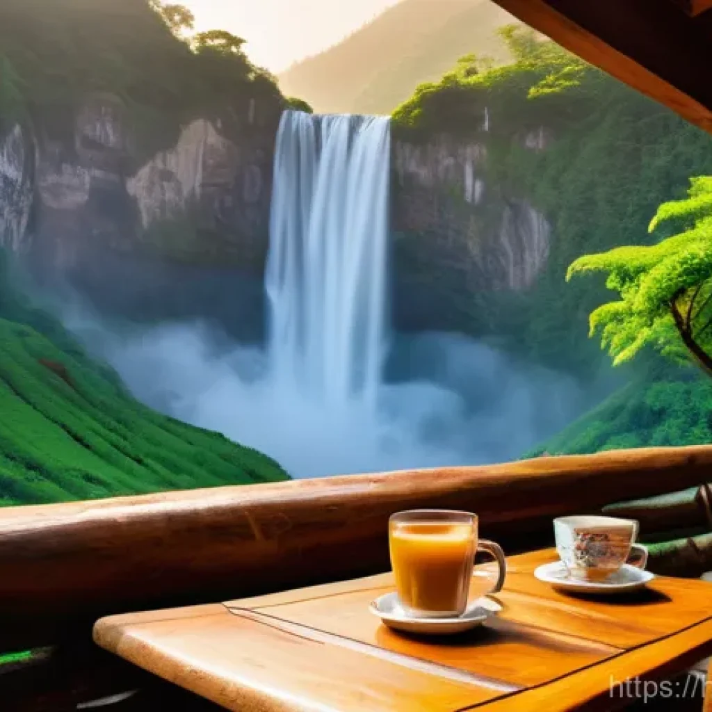 폭포 근처 레스토랑 추천 - **Prompt:** "A serene morning scene at a charming, rustic cafe nestled right beside a magnificent wa...