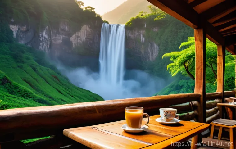 폭포 근처 레스토랑 추천 - **Prompt:** "A serene morning scene at a charming, rustic cafe nestled right beside a magnificent wa...