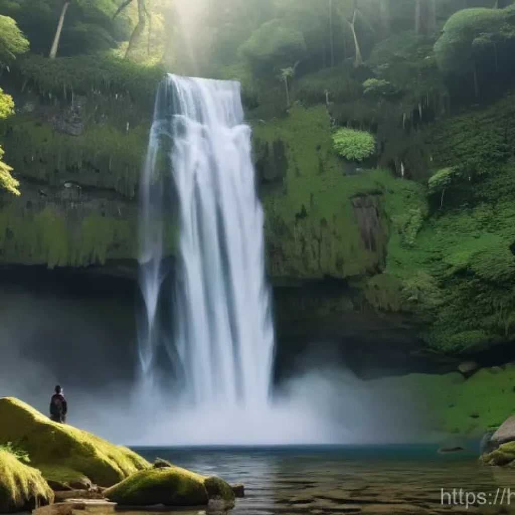 폭포가 있는 비밀 여행지 - **A serene, milky white waterfall cascading down a lush, verdant mountain in a dense, untouched fore...