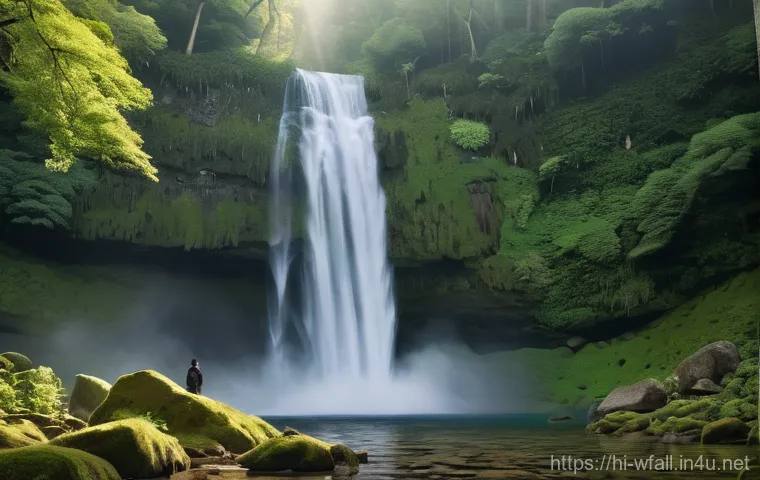 폭포가 있는 비밀 여행지 - **A serene, milky white waterfall cascading down a lush, verdant mountain in a dense, untouched fore...