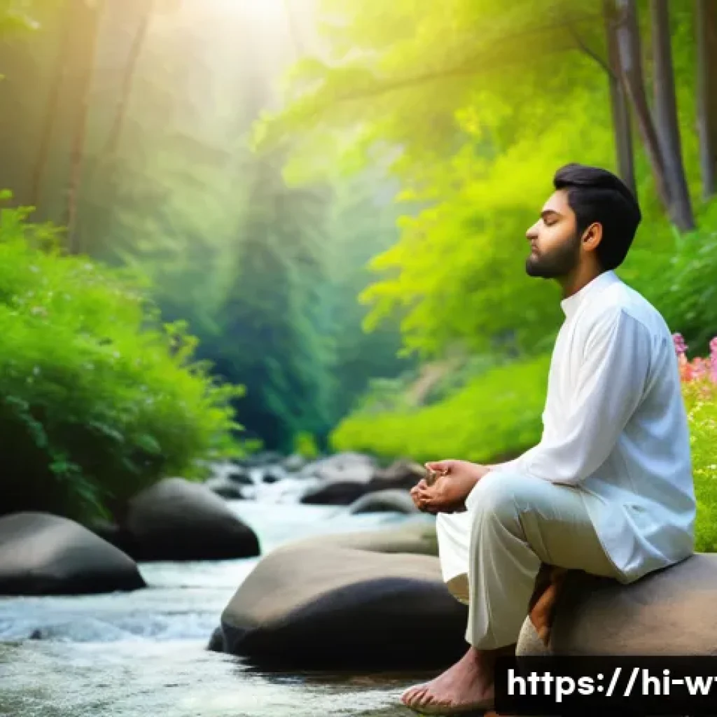 폭포에서 들리는 자연의 소리 - A serene natural scene featuring a crystal-clear mountain stream flowing gently over smooth rocks, s...