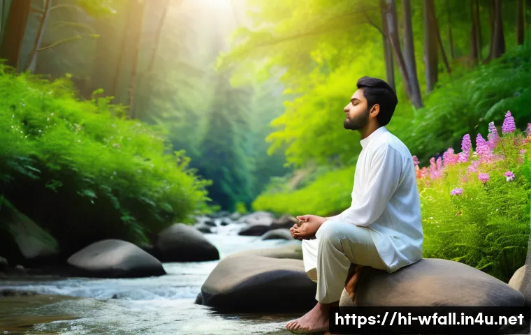 폭포에서 들리는 자연의 소리 - A serene natural scene featuring a crystal-clear mountain stream flowing gently over smooth rocks, s...