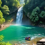 폭포에서 바위 점프 가능한 곳 - A thrilling scene of an adventure enthusiast wearing a life jacket, helmet, and grip shoes, poised t...