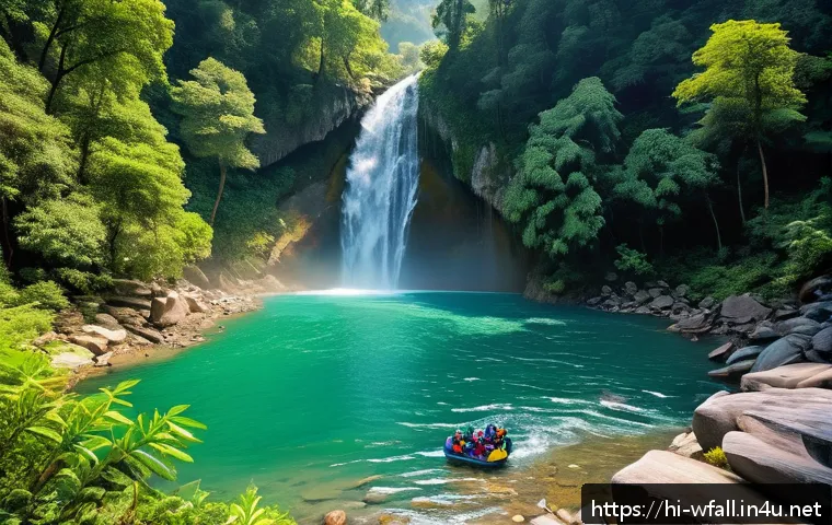 폭포에서 바위 점프 가능한 곳 - A thrilling scene of an adventure enthusiast wearing a life jacket, helmet, and grip shoes, poised t...