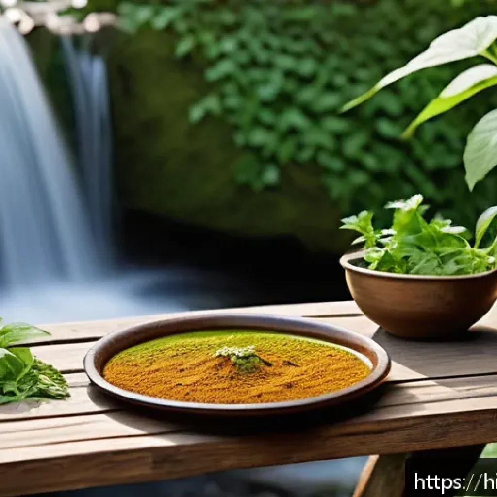 폭포 주변에서 먹을 수 있는 특산물 - A vibrant outdoor scene by a mountain spring surrounded by lush green herbs like coriander, mint, ba...