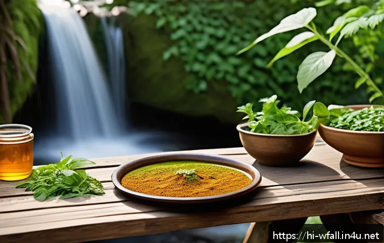 폭포 주변에서 먹을 수 있는 특산물 - A vibrant outdoor scene by a mountain spring surrounded by lush green herbs like coriander, mint, ba...