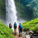 폭포 여행 시 챙겨야 할 필수 아이템 - A vibrant scene of a group of Hindi-speaking hikers trekking near a lush waterfall in India during s...