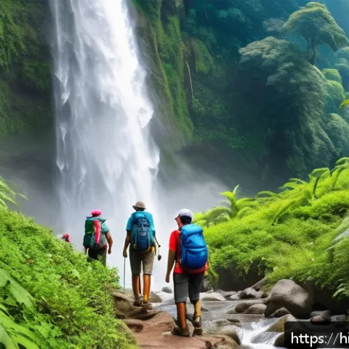 폭포 여행 시 챙겨야 할 필수 아이템 - A vibrant scene of a group of Hindi-speaking hikers trekking near a lush waterfall in India during s...