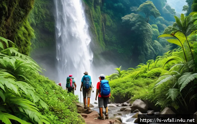 폭포 여행 시 챙겨야 할 필수 아이템 - A vibrant scene of a group of Hindi-speaking hikers trekking near a lush waterfall in India during s...