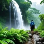 폭포 탐방 초보자를 위한 가이드 - A serene natural waterfall scene just after the monsoon season in India, surrounded by lush green fo...