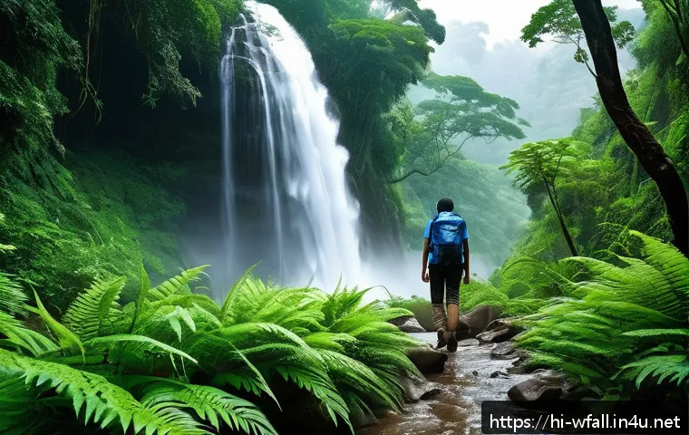 폭포 탐방 초보자를 위한 가이드 - A serene natural waterfall scene just after the monsoon season in India, surrounded by lush green fo...