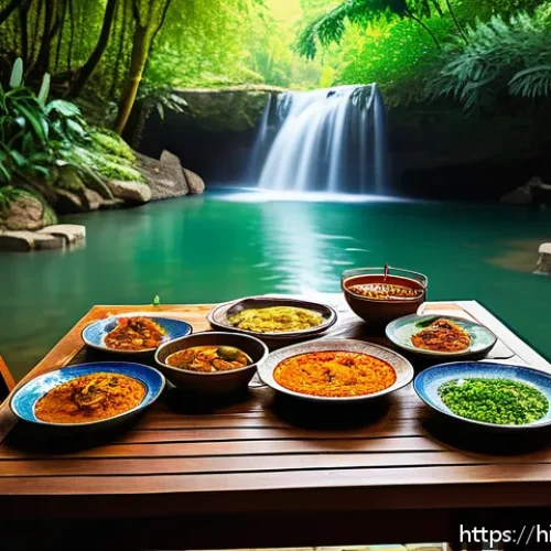 폭포 근처 맛집 추천 - A serene outdoor dining scene beside a gently flowing waterfall in a lush green forest, showcasing a...