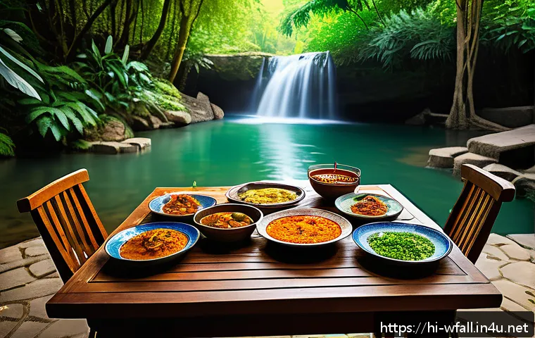 폭포 근처 맛집 추천 - A serene outdoor dining scene beside a gently flowing waterfall in a lush green forest, showcasing a...