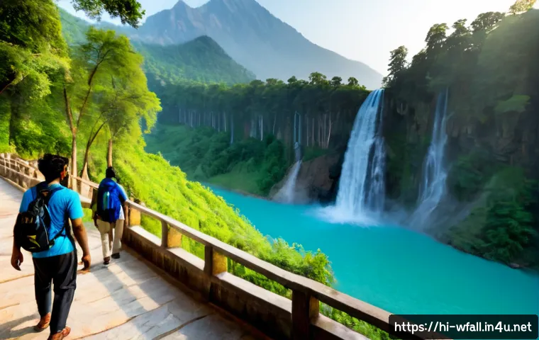 폭포와 호수 여행 코스 - Photorealistic travel scene of a majestic waterfall cascading into a crystal-clear turquoise lake, a...