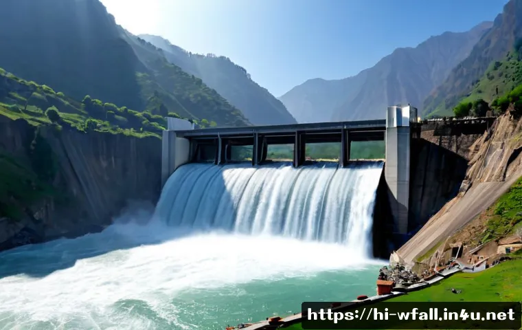 폭포를 이용한 전력 생산 - Photorealistic hydroelectric power station beneath a powerful mountain waterfall in the Indian Himal...